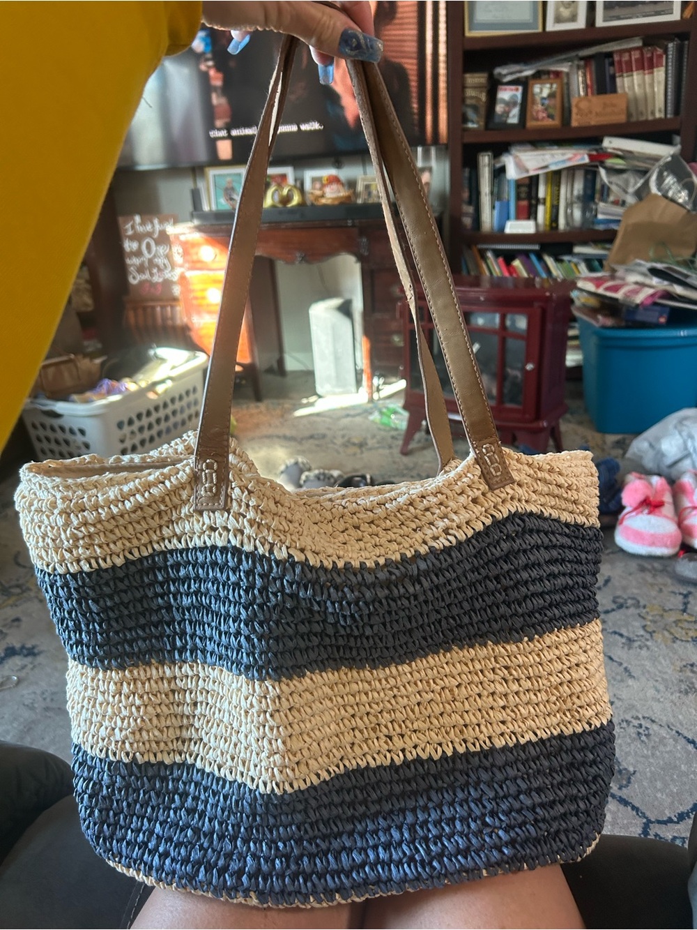 Woven Stripe Tote Bag in Natural & Navy - Unbranded